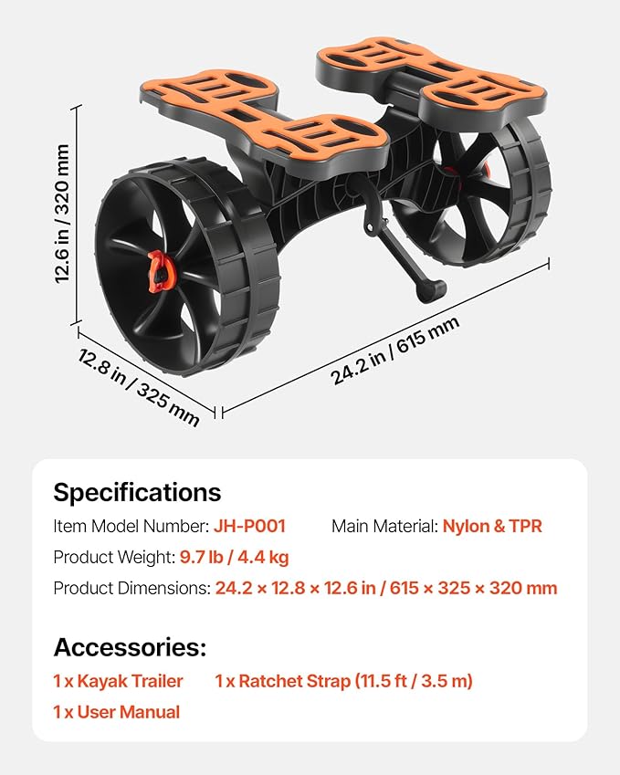 VEVOR 300 lbs Kayak Cart, Foldable Kayak Trolley with 10-inch Solid Rubber Tires & 1 Ratchet Strap, Paddle Board Trolley for Carrying Kayaks, Canoes, Paddleboards, Float Mats, Jon Boats