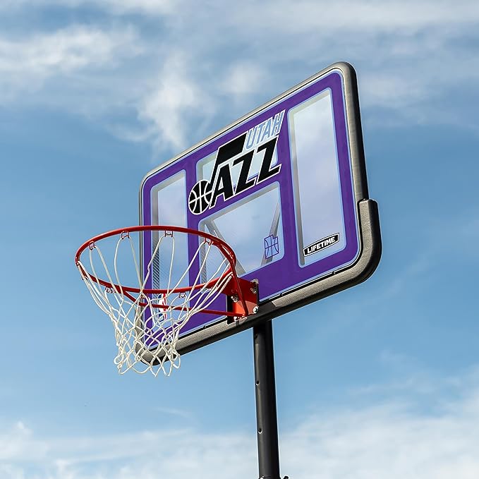Lifetime NBA Utah Jazz Portable Basketball Hoop, Adjustable Height 7.5-10 Ft, 44 Inch Shatterproof Fusion Backboard, Base with Wheels