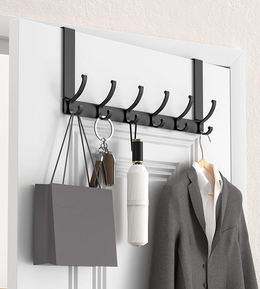 KitchLife Over The Door Hooks Hanger with 7 inches Extended Arms, Fits 1 3/4" Doors, F18U, Bathroom Towel Rack Organization, Thickened 6-Double Hook, Matte Black