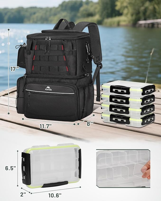 MATEIN Fishing Backpack with 4 Tackle Boxes, Fishing Bag with Rod Holder & Safety Compass & Cooler, Gifts for Fishermen