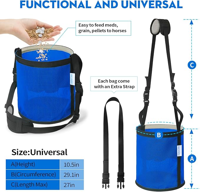 Horse Feed Bag 2 PCs, Breathable Mesh Feed Bags for Horses, Muzzle Feedbag for Feeding Grain, Anti-Spill Design Feeder, Soft Neck Pad Nose Pad, Universal Fit (Blue)