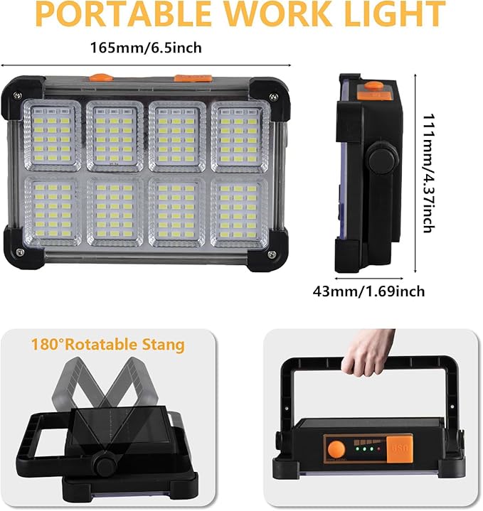120W ソーラー充電式ワークライト、144LED ポータブル投光器スタンド付き、IP66防水 4モード LED 作業灯、メカニック、キャンプ、釣り、車の修理用懐中電灯（ブラック 1パック）