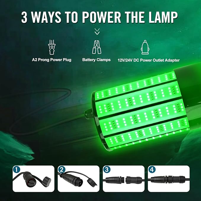 NS 120W 15,000ルーメン グリーン水中集魚灯、110V AC & 12V DCデュアル電源、LED水中ナイトドック＆ボートライト、クラッピー、池、カヤック用防水海水魚誘引キット