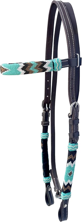 Western Horse Headstall Standard Size – Adjustable Hand Braided Genuine Leather Bridle with Rawhide Knotting, Stitched Accents & Multicolor Beads, Western Riding Tack, Light Brown