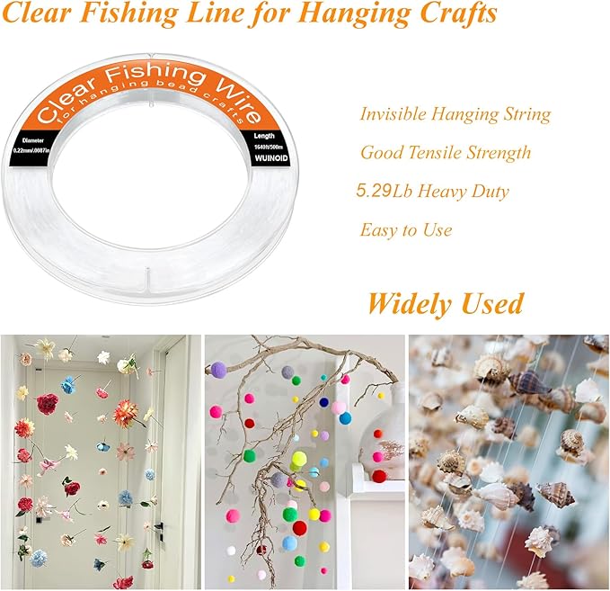Clear Fishing Line Wire 755 ft, Invisible Monofilament Fishing Line Wire, Nylon String for Hanging Balloons Garland Crafts Picture Decorations, Clear String Threads Cords WUINOID