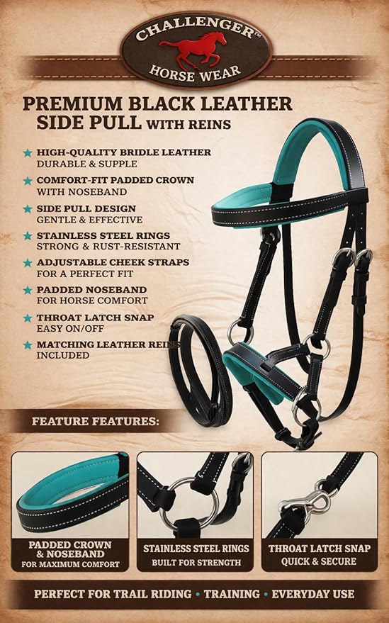 CHALLENGER Horse Western Leather Teal Padded Bitless Sidepull Bridle Reins 77RS33TL-F