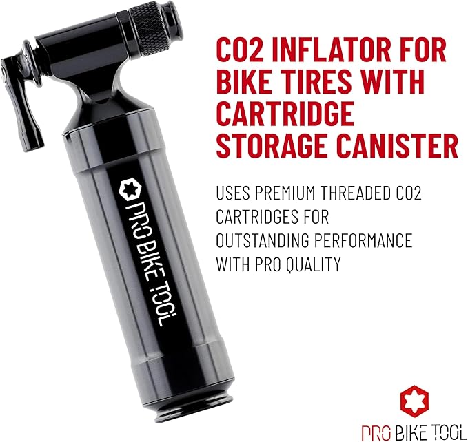 Pro Bike Tool CO2 Inflator with Cartridge Storage Canister Quick, Easy and Safe - for Presta and Schrader - Bicycle Tire Pump for Road and Mountain Bikes