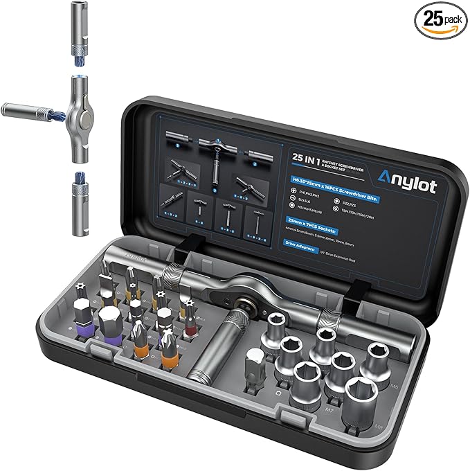 25 in 1 Magnetic Ratchet Screwdriver Set with S2 Steel Bits & 7 CRV Metric Sockets, Magnetic Screwdriver Set with Case for Home, Furniture, Electronics Repair, DIY, Quick Repairs