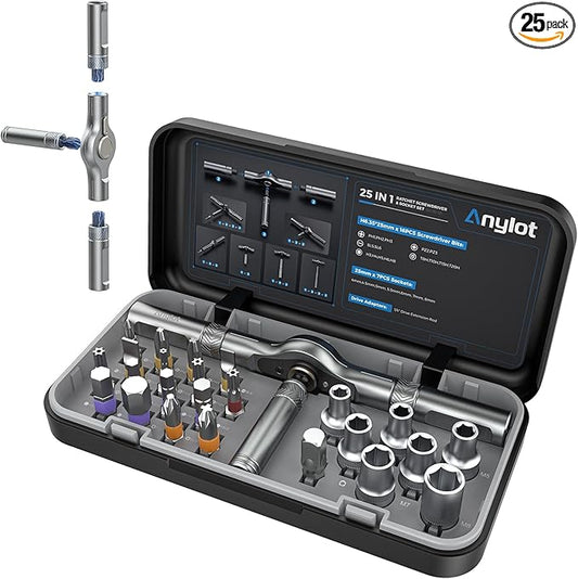 25 in 1 Magnetic Ratchet Screwdriver Set with S2 Steel Bits & 7 CRV Metric Sockets, Magnetic Screwdriver Set with Case for Home, Furniture, Electronics Repair, DIY, Quick Repairs