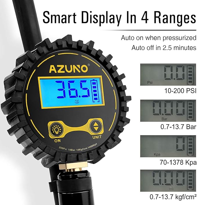 AZUNO Digital Bicycle Tire Inflator Gauge with Auto-Select Valve Type - Presta and Schrader Air Compressor Tool