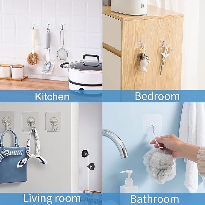 Wall Hooks - 33 lbs Max, Transparent, Seamless, Waterproof & Oilproof, Heavy Duty Adhesive Coat & Towel Hooks (10 Pack)