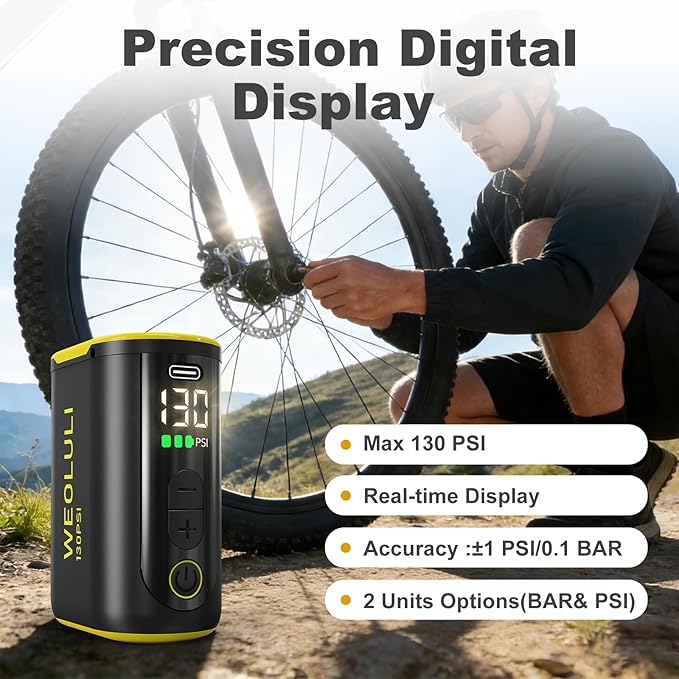 Bike Pump Electric, Mini Bicycle Pump 130 PSI Portable Cycling Pump with Digital Pressure Gauge & Auto Shut Off for Presta & Schrader Valves, Road MTB E-Bike