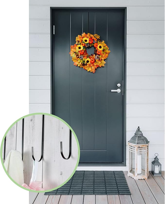 Hotop 15 Inch Wreath Hangers for Front Door Wreath Doors Hangers Steel Material Clothes Towel Hooks Holder Over The Door Hanger Hooks 2 Pcs for Christmas Halloween Front Decorations(Black)