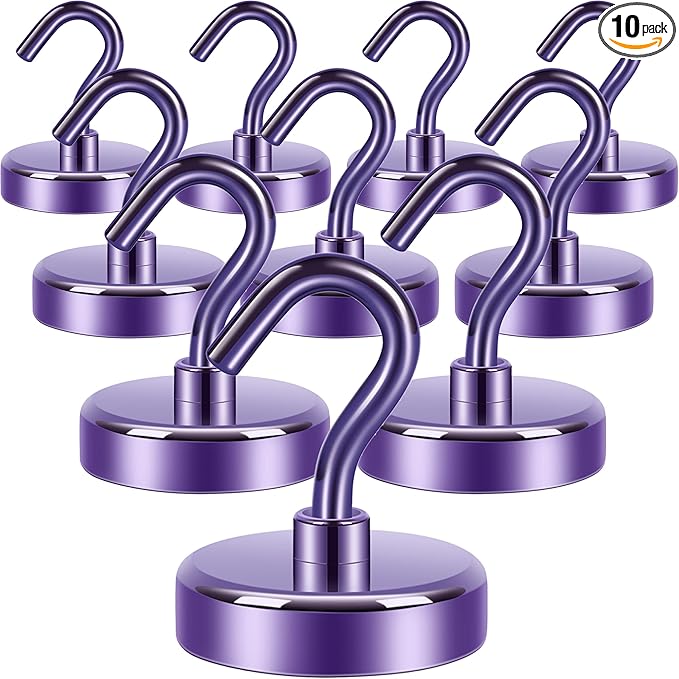 Neosmuk Magnetic Hooks, Heavy Duty 85lb+ Strong Magnet Hook for Cruise Cabins, Cruise Ship Essentials for Hanging, Metal Wall Refrigerator Hangers (Purple, 10 Pack)