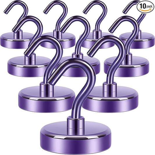 Neosmuk Magnetic Hooks, Heavy Duty 85lb+ Strong Magnet Hook for Cruise Cabins, Cruise Ship Essentials for Hanging, Metal Wall Refrigerator Hangers (Purple, 10 Pack)