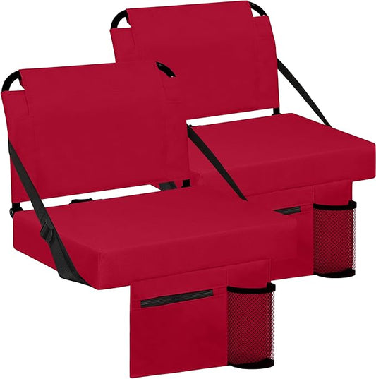 Stadium Seats for Bleachers 2 Pack w/Back Support Bleacher Seat Soft Cushion Light Weight Includes Shoulder Strap & Cup Holder, Front & Back Zipper Pocket, Suitable for Sports Events,Maroon