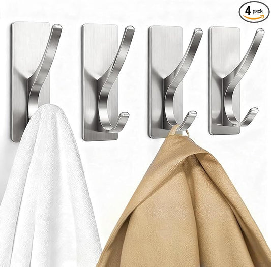 pickpiff Brushed Nickel Self Adhesive Coat Hooks for Hanging: 13LB Extra Strong Stainless Wall Hook for Towel, Utensil, Backpack, Hat, Sturdy Metal Hanger for Bathroom, Kitchen, Door, 4 Pack