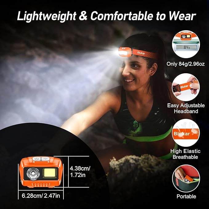Blukar LEDヘッドランプ、2000L超高輝度充電式ヘッドライト懐中電灯（白色＆赤色光、2個セット）- モーションセンサー、調光可能、8モード、スポットライト＆フラッドライト、IPX5防水、キャンプ用-オレンジ