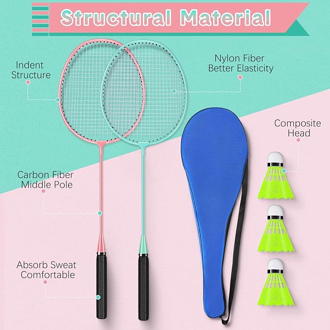 12 Pack Badminton Rackets Set Including Badminton Racquets, Nylon Shuttlecocks and Carry Bag for Outdoor Backyard Games Beginners