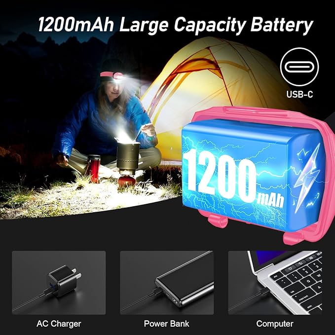 Blukar LED Headlamp,2000L Super Bright Rechargeable Headlight Flashlight with White&Red Light 2 Pack - Motion Sensor,Dimmable Brightness,8 Modes,Spotlight&Floodlight,IPX5 Waterproof for Camping-Pink