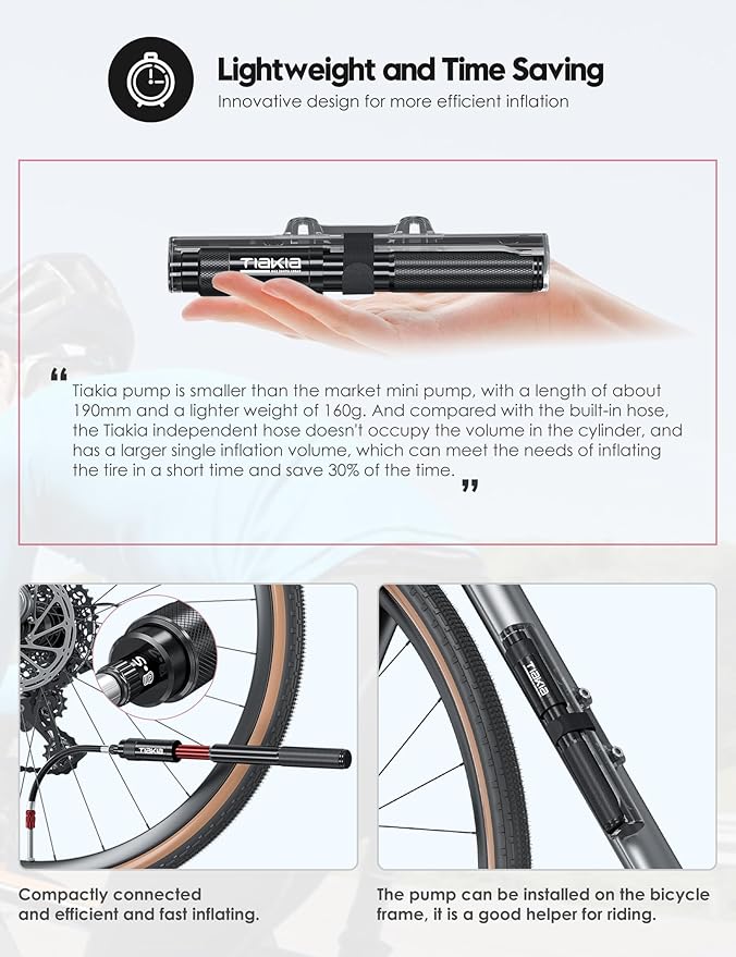 Tiakia Mini Bike Pump, Portable Bicycle Pump with Bracket, 260PSI High Pressure Frame Pump Air Hand Pump Fit Presta, Schrader & Woods Valves, Aluminum Alloy Tire Pump for Road/Mountain Bikes, Balls