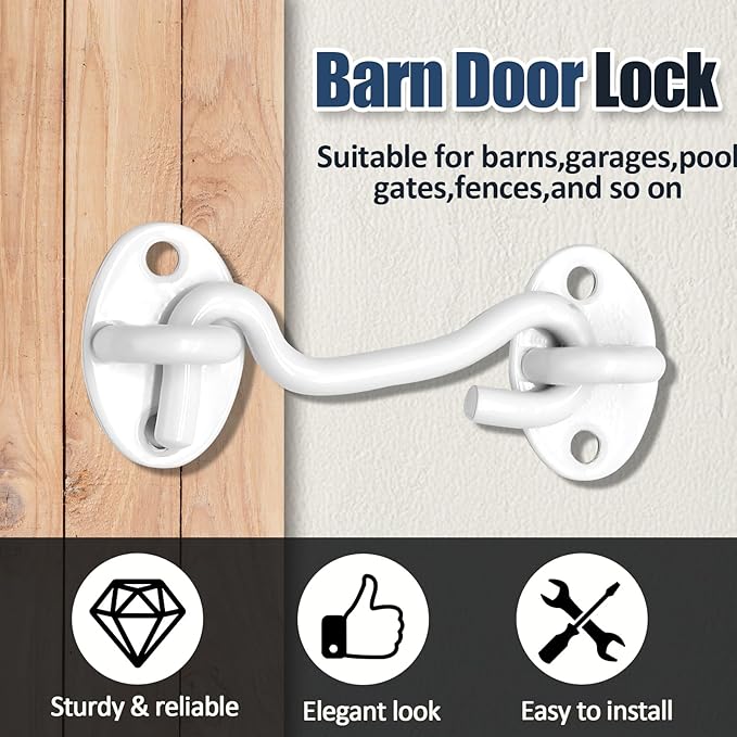 Biaungdo Heavy Duty Hook and Eye Latch, 3 Inch White Privacy Hook Barn Door Lock Easy Lock, Stainless Steel Gate Latch for Doors/Windows/Sheds/Gates/Fences/Closets/Cabinets, 2 Pack