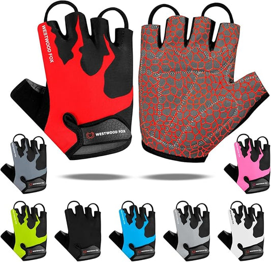 WESTWOOD FOX Cycling Gloves Half Finger Unisex Padded Grips Palm Bicycle Summer MTB Bike Gloves for Men Women Non-Slip Fingerless Short Mountain Bike Sports Hiking Climbing Gym