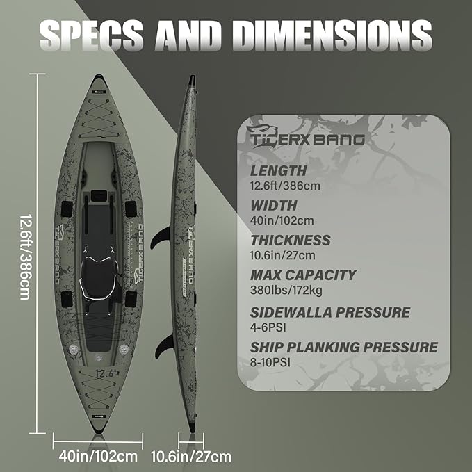 TIGERXBANG Inflatable Kayak with Detachable Seat,12.6'x40''x10.6''SUP-Kayak Set (Hand Pump/Aluminium Paddle/Backpack/and Multi-Functional Base),Adult/Kid Kayak Boat for Fishing ，Touring
