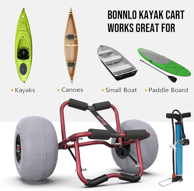 Bonnlo Kayak Cart Trolley Canoe Paddle Board Boat Cart Carrier Dolly with 12" Big Beach Wheels Balloon Kayak Transport Wheels Cart Foldable, Free Pump, 2 Ratchet Straps- Perfect for Soft Sand