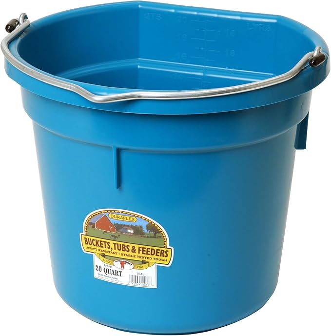 Little Giant Plastic Animal Feed Bucket (Teal) Flat Back Plastic Feed Bucket with Metal Handle (20 Quarts / 5 Gallons) (Item No. P20FBTEAL6)