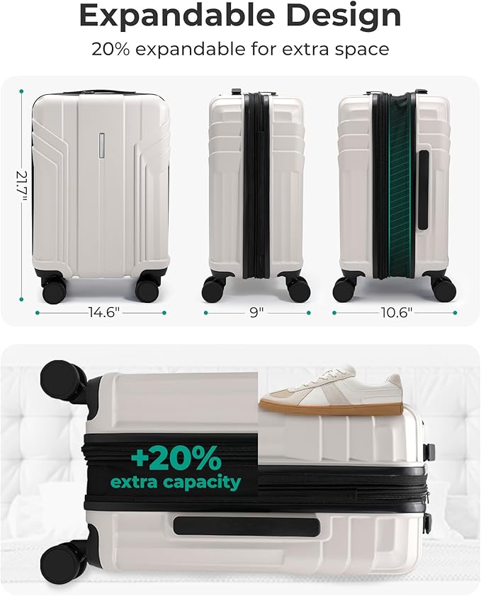BAGSMART 拡張可能機内持ち込みスーツケース 22x14x9 航空会社承認 100% PC軽量ハードシェル、スピナーホイール付き20インチ旅行かばん、防水ローリングスーツケース、ベージュ