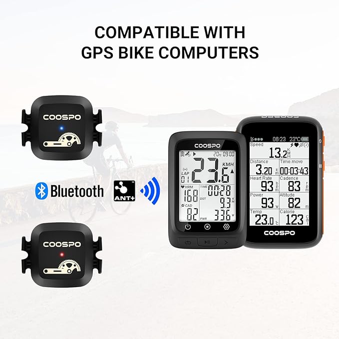 COOSPO Cadence & Speed Sensor for Cycling, Wireless Bluetooth & ANT+ Bike RPM Sensor for Cycling Computers, Compatible with IP67 / Rouvy / Zwift / Peloton / Wahoo / CooSporide
