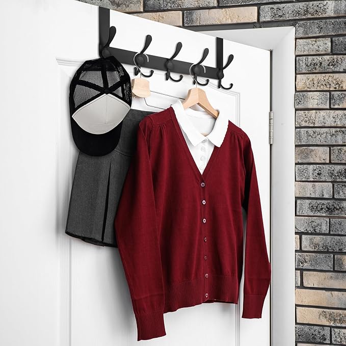 TICONN Over The Door Hooks, 5 Heavy Duty Tri Coat Rack All Metal Coat Hanger for Bathroom Bedroom Dorm (Matte Black, 1PK, Fit 1-3/4" Doors)