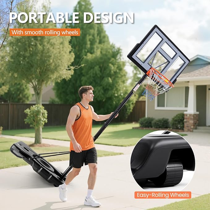Sweetcrispy Portable Basketball Hoop Outdoor 6.1-10FT Adjustable Height, 44 Inch Shatterproof Backboard/Shock Absorbent Rim, Fillable Base, 2 Wheels for Backyard/Driveway
