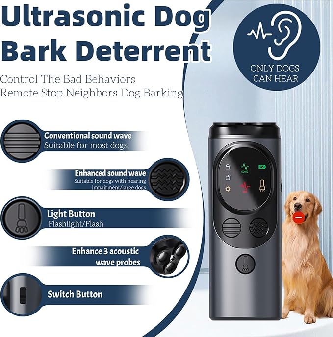 Ultrasonic Dog Bark Deterrent, Rechargeable Strong Bark Deterrent Device with 3 Emitters, Bark Button for Dog Use Up to 50ft Long Range | Safe for Dogs
