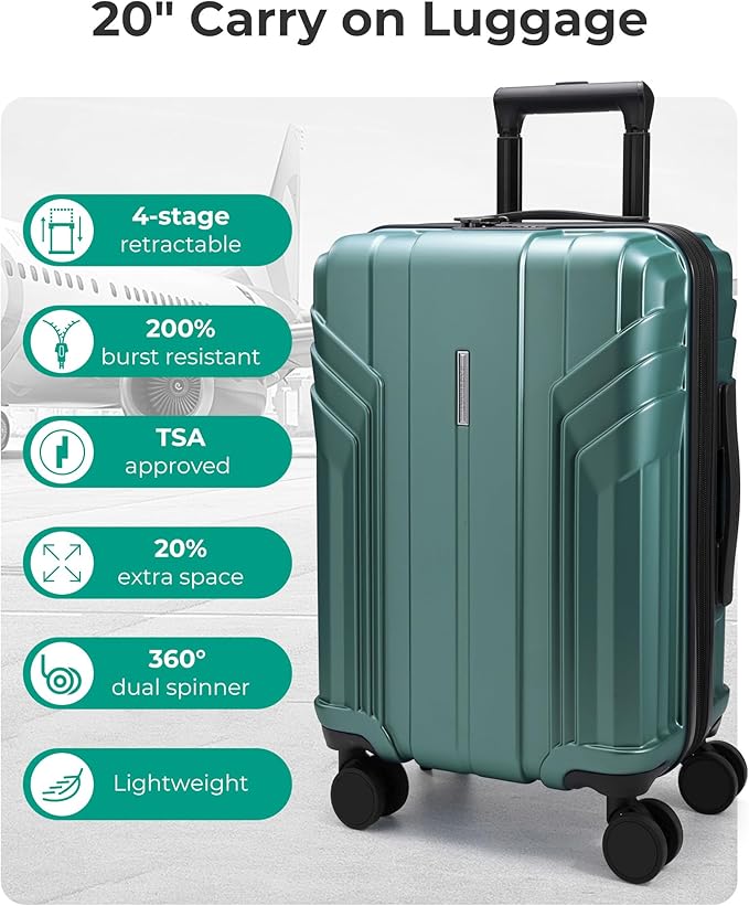 BAGSMART 拡張可能機内持ち込みスーツケース 22x14x9 航空会社承認済み 100%PC 軽量ハードシェル 20インチキャリーケース スピナーホイール付き オリーブグリーン