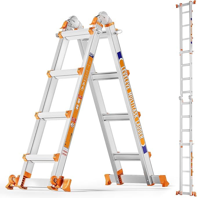 LEVELEVE 14フィート伸縮式はしご、Aフレーム4段脚立（スタビライザーバーと車輪付き）、耐荷重330ポンド、多目的脚立、階段、家庭、屋内、屋外、屋根用