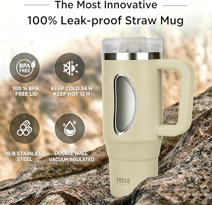 TYESO Vacuum Insulated Tumbler Water Bottle Cold Insulation Stainless Steel Bottle Straw Handle Mug Double Wall Wide Mouth (KHAKI, 40 oz)