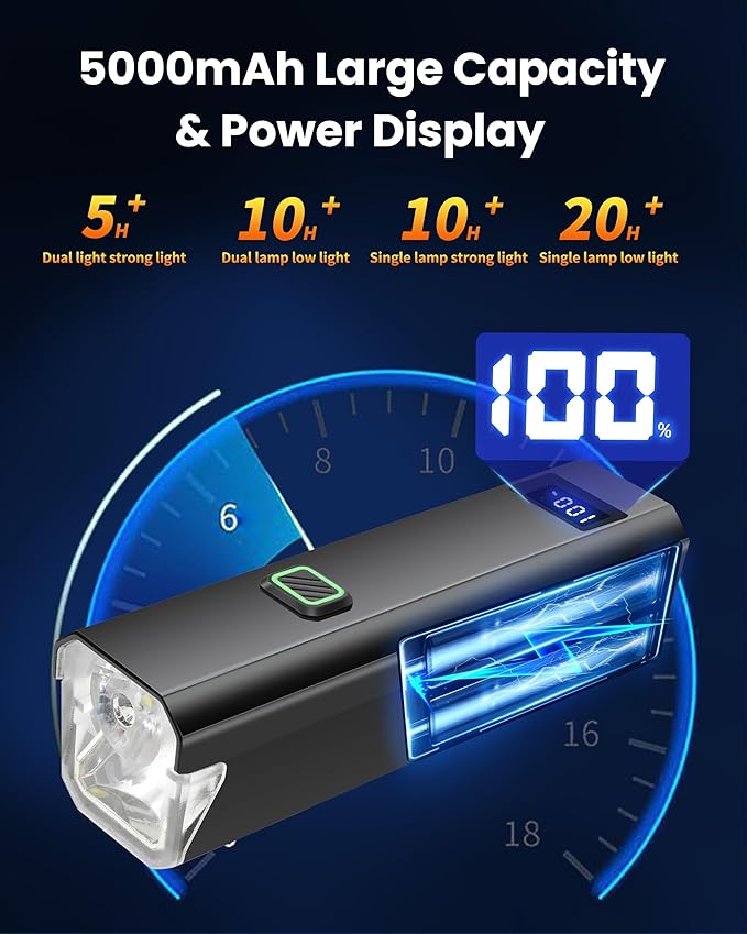 DARKBEAM 6000LM Bike Headlight USB- C Rechargeable, High Lumen Super Bright Bike Light Set for Night Riding, 12+5 Modes Waterproof Bicycle Lights for Road, Mountain, Cycling