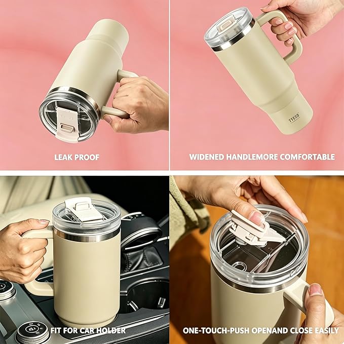 TYESO Vacuum Insulated Tumbler Water Bottle Cold Insulation Stainless Steel Bottle Straw Handle Mug Double Wall Wide Mouth (KHAKI, 40 oz)