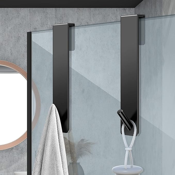 Shower Door Hooks(10 Inch),Extended Over Door Hooks for Bathroom Frameless Glass Shower Door,Stainless Steel Towel Hooks,Heavy Duty Rack Hooks for Robe,Towel-2 Pack-Black