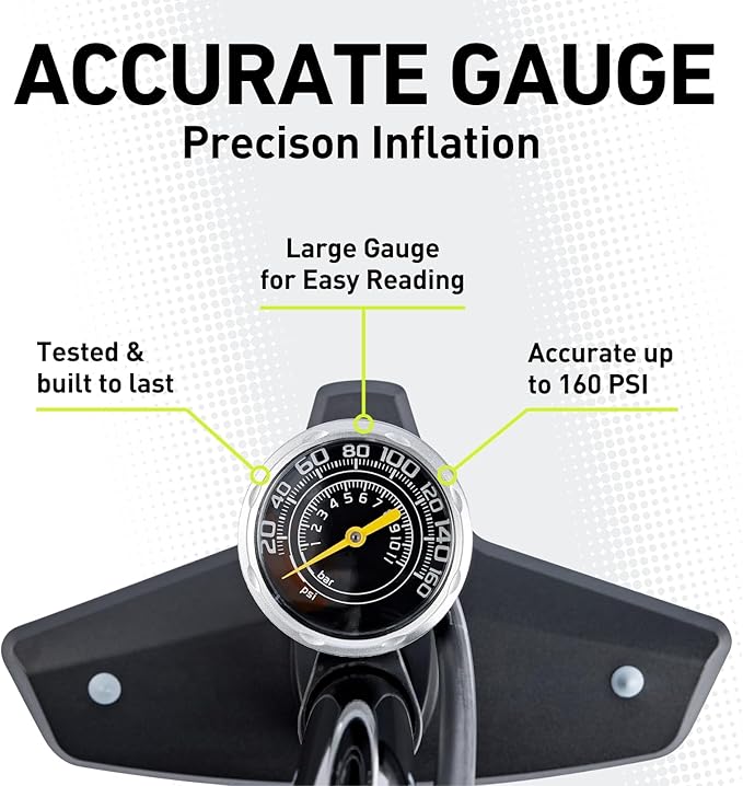 Vibrelli Vibrelli Bike Floor Pump with Gauge - High Pressure 160 PSI - Presta Valve Bike Pump Automatically Switches to Schrader - Bicycle Pump Comes with Glueless Puncture Kit