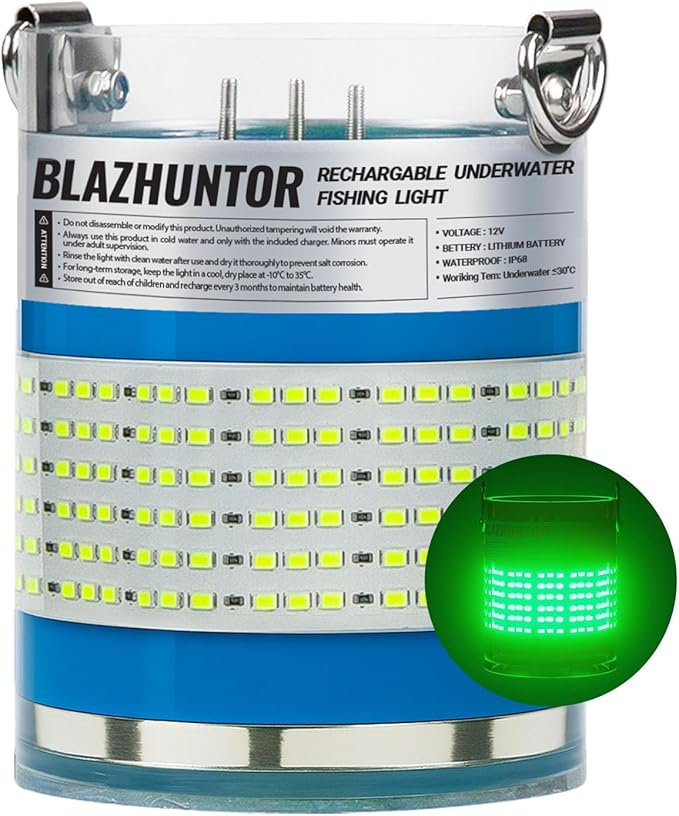 Rechargeable Underwater Fishing Light,Auto On in Water,Multi-Color Options, Up to 16000lm, IP68 Waterproof,No External Power,Cordless,Night Boat Dock Ice Fishing