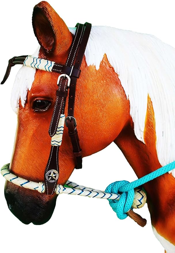 CHALLENGER Horse Western Knotted Bosal Rawhide Hanger Headstall w/Turquoise Braided Reins 78J04TR