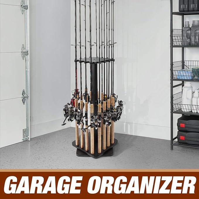 Ghosthorn Fishing Rod Holders for Garage 360 Degree Rotating Fishing Pole Rack, Floor Stand Holds up to 16 Rods Wood Fishing Gear Equipment Storage Organizer, Fishing Gifts for Men Women