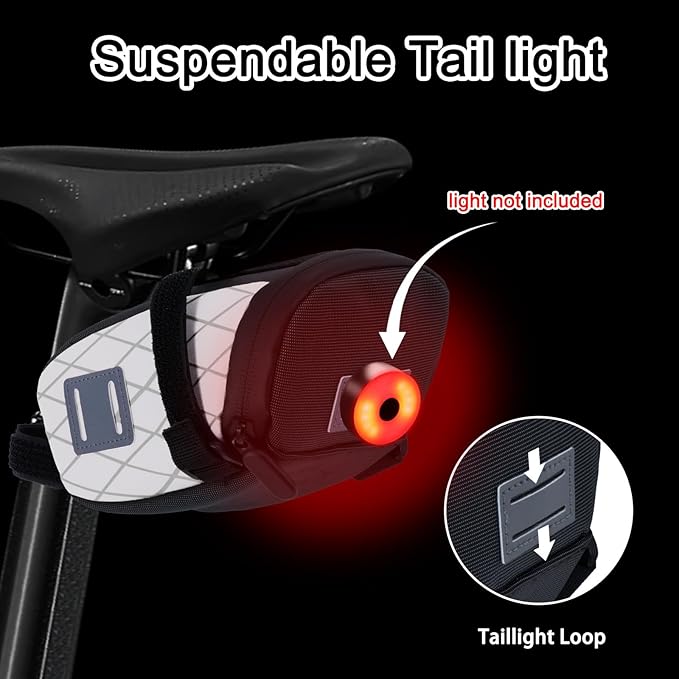 ENLEE Bicycle Saddle Bag, White Reflective Bike Seat Bag with Taillight Hangers, Waterproof Bicycle Storage Pouch Under Seat with Independent Item Partitions for Mountain/Road/Gravel Bikes, Small