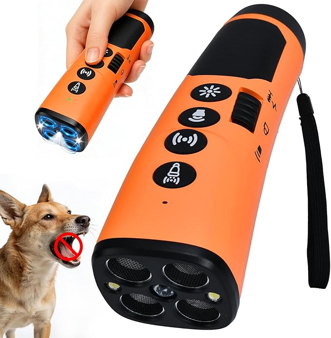 4X Ultrasonic Dog Bark Deterrent Device, 2026 Newest Stop Neighbors Dog Barking, 4 Nozzles Up 90% Efficiency, 3 Modes Humane Training Tool with Flashlight , Safe for Pet Indoor Outdoor（Orange）