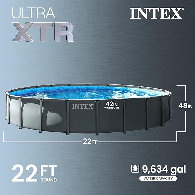 INTEX ウルトラXTR 22フィート x 48インチ 地上プールセット、スチールフレーム円形プール、2100 GPH砂フィルターポンプ、はしご、カバー、グラウンドクロス付き