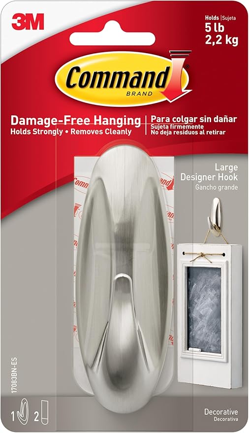 Command Large Designer Hook, Holds up to 5 lb, 1 Wall Hook with 2 Command Strips, Brushed Nickel Color, Damage Free Hanging Hooks for Hanging Decorations in Living Spaces