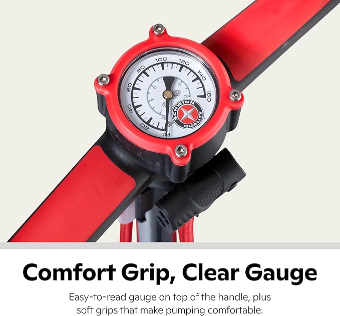 Schwinn Air Center Series or Basic Floor Pump, for a Range of Bikes, 100, 120 or 160 PSI, Soft Grip Handle, Dual Head for Schrader and Presta Valves, Manual Air Pump